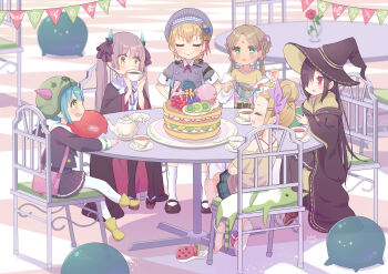 Rule 34 | + +, 6+girls, absurdres, anniversary, black hair, black hat, black robe, black shoes, blonde hair, brown hair, bungo yayoi, cake, chair, closed eyes, commentary request, crab claw, cup, drinking, food, full body, green eyes, grey hair, hair over one eye, hands on own hips, haru meguru, hat, heaven burns red, highres, holding, holding cup, long bangs, long hair, long sleeves, looking at another, low twintails, maruyama kanata, maruyama squad (heaven burns red), mary janes, multiple girls, narby (heaven burns red), ogasawara hisame, one eye covered, ooshima yotsuha, red eyes, robe, shoes, sitting, smug, tea, tea party, teacup, teapot, tenne miko, twintails, v-shaped eyebrows, vritika balakrishnan, wide sleeves, witch, witch hat, yellow eyes