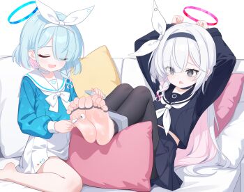 2girls :d absurdres arms_up arona_(blue_archive) barefoot black_choker black_eyes black_hairband black_pantyhose black_sailor_collar black_serafuku black_shirt black_skirt blue_archive blue_hair blue_halo blue_shirt bound bound_toes bow braid chinese_commentary choker closed_eyes colored_inner_hair commentary_request couch eugenecolin eyes_visible_through_hair feet foot_focus foreshortening hair_bow hair_over_one_eye hairband halo highres holding large_variant_set long_hair long_sleeves medium_hair miniskirt multicolored_hair multiple_girls neckerchief on_couch open_mouth pantyhose pink_hair plana_(blue_archive) pleated_skirt puffy_long_sleeves puffy_sleeves red_halo sailor_collar sailor_shirt school_uniform serafuku shirt side_braid single_braid skirt smile soles tickling tickling_feet toes torn_clothes torn_pantyhose two-tone_hair variant_set white_bow white_choker white_hair white_hairband white_neckerchief white_sailor_collar white_skirt