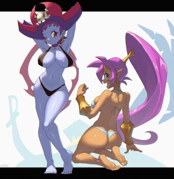 Rule 34 | 2girls, arm support, armpits, arms behind head, barefoot, blue eyes, breasts, cleavage, covered erect nipples, dark skin, feet, highres, large breasts, legs, long hair, looking at viewer, multiple girls, navel, one eye closed, open mouth, orlek, pointy ears, purple hair, risky boots, shantae, shantae (series), short hair, sideboob, sitting, smile, teeth, thighs, toned, very long hair