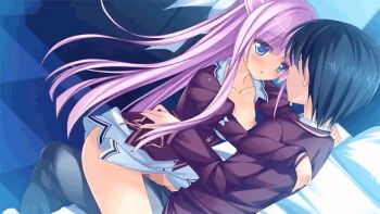 Rule 34 | 1boy, 1girl, 2-g, animated, animated gif, bed, blue eyes, breasts, breasts out, censored, clothed sex, faceless, faceless male, hetero, ichiyou moka, indoors, long hair, medium breasts, momoiro seiheki kaihou sengen!, mosaic censoring, ooe kagura, pink hair, ribbon, room, school uniform, sex, sitting, sitting on person, softhouse-seal, softhouse-seal grandee, thighs, vaginal