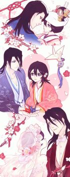 1boy 1girl absurdres antatica11 black_hair bleach blue_eyes blush bow bowtie branch breasts bridal_veil chinese_commentary closed_eyes commentary_request dress flower hair_between_eyes haori hat hetero highres husband_and_wife japanese_clothes kimono kuchiki_byakuya kuchiki_hisana medium_hair origami paper_crane petals puckered_lips purple_eyes small_breasts tuxedo veil wedding_dress white_bow white_bowtie white_hat white_kimono