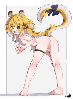 1girl absurdres animal_ears anus ass barefoot black_nails blonde_hair boppin breasts cleft_of_venus full_body green_eyes highres ju_fufu loli long_hair looking_at_viewer nipples nude open_mouth paid_reward_available pussy small_breasts solo tail tail_ornament thigh_strap tiger_ears tiger_girl tiger_tail uncensored zenless_zone_zero