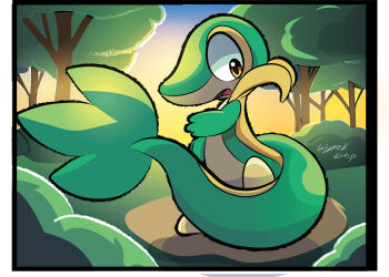 brown_eyes gen_5_pokemon highres nintendo no_humans open_mouth pokemon pokemon_(creature) snivy solo tail tree wymek