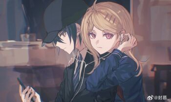 1boy 1girl ahoge akamatsu_kaede baseball_cap black_hat black_jacket blazer blonde_hair blue_hair blue_sailor_collar blue_shirt cellphone chalkboard chinese_commentary classroom closed_mouth collared_jacket commentary_request danganronpa_(series) danganronpa_v3:_killing_harmony desk earbuds earphones expressionless eyelashes fingernails fu_ga_(vivi912912) hair_between_eyes hair_ornament hairclip hand_on_another's_shoulder hand_on_own_ear hat head_on_another's_shoulder highres holding holding_phone indoors jacket lapels listening_to_music long_hair long_sleeves looking_at_object neckerchief notched_lapels official_alternate_costume phone pink_eyes red_neckerchief saihara_shuichi sailor_collar school_desk school_uniform serafuku sharing shirt short_hair smartphone upper_body watermark weibo_watermark yellow_eyes