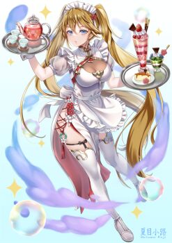 1girl apron arms_up artist_name blonde_hair blue_eyes breasts cheesecake chocolate cleavage commentary_request cream cup dress eyeliner flower food frilled_apron frilled_dress frills fruit full_body gradient_background hair_between_eyes holding holding_tray large_breasts long_hair looking_at_viewer makeup making-of_available natsume_koji original parfait parted_lips pelvic_curtain pink_flower pocky puffy_short_sleeves puffy_sleeves red_eyeliner red_flower see-through_clothes see-through_sleeves shoes short_sleeves solo standing strawberry teacup teapot thigh_strap thighhighs thighs tray twintails very_long_hair white_apron white_flower white_headdress white_shoes white_thighhighs white_wrist_cuffs wrist_cuffs