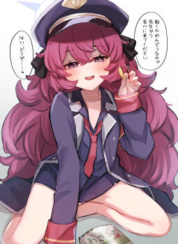 1girl armband black_hat black_shirt blue_archive blush chips_(food) commentary_request doraje fluffy_hair food hair_between_eyes half-closed_eyes halo hand_on_ground hand_up hat highres holding holding_food iroha_(blue_archive) jacket long_hair long_sleeves looking_at_viewer loose_necktie military_hat military_jacket necktie open_mouth peaked_cap potato_chips purple_eyes purple_halo red_armband red_hair red_necktie shirt sitting solo