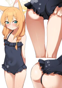 adjusting_clothes adjusting_swimsuit animal_ear_fluff animal_ears animal_hands arms_behind_back ass black_one-piece_swimsuit blue_archive blue_eyes blush braid breasts casual_one-piece_swimsuit cat_ears cat_paws cleavage covered_navel double-parted_bangs extra_ears frilled_one-piece_swimsuit frills halo highres loli long_hair looking_at_viewer low-braided_long_hair low-tied_long_hair mari_(blue_archive) mari_(swimsuit)_(blue_archive) multiple_views official_alternate_costume one-piece_swimsuit orange_hair print_one-piece_swimsuit simple_background small_breasts smile solo standing sweat swimsuit teruisi thigh_gap thighs water_drop white_background yellow_halo