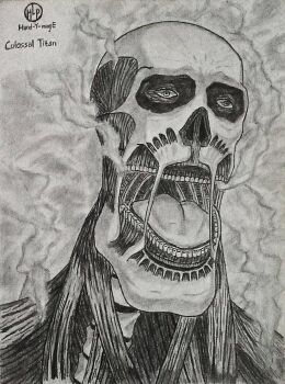 armin_arlert artist_logo artist_name bald bone character_name colossal_titan drawing hand-y-mage highres logo monochrome muscular noseless open_mouth portrait self-upload shingeki_no_kyojin skull solo steam teeth titan_(shingeki_no_kyojin) tongue