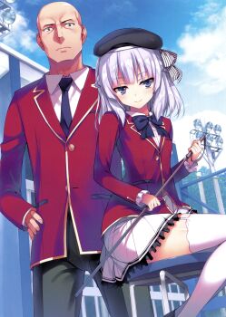 1boy 1girl :| absurdres age_difference bald beret black_hat black_pants blazer blue_bow blue_bowtie blue_necktie blunt_bangs bow bowtie braid breasts buttons chain-link_fence character_request closed_mouth cloud collared_shirt colored_eyelashes constricted_pupils cowboy_shot day fence floodlights frilled_skirt frilled_sleeves frills from_side full_body garter_straps half-closed_eyes half_up_braid hand_on_own_hip hat highres holding huge_filesize jacket katsuragi_kouhei legs_together light_smile lights long_sleeves looking_at_viewer miniskirt necktie official_art orange_eyes outdoors pants pleated_skirt pocket purple_eyes red_jacket ribbon riding_crop sakayanagi_arisu shirt shoes silver_hair sitting skirt sky small_breasts smile spread_legs standing stool striped_bow thighhighs tomose_shunsaku tree white_shirt white_skirt white_thighhighs youkoso_jitsuryoku_shijou_shugi_no_kyoushitsu_e zettai_ryouiki