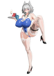 1girl absurdres alternate_breast_size_(larger) anal anal_beads anal_object_insertion belt black_shoes blue_nails blue_one-piece_swimsuit breasts butt_plug covered_erect_nipples cum cum_in_container cum_in_cup cum_on_clothes garter_belt grey_hair high_heels highleg highleg_one-piece_swimsuit highres holding holding_tray huge_breasts impossible_clothes impossible_swimsuit izayoi_sakuya jewel_butt_plug maid_headdress nail_polish object_insertion one-piece_swimsuit sex_toy shoes short_hair simple_background solo standing standing_on_one_leg swimsuit thigh_belt thigh_strap thighhighs touhou tray user_ckkx8884 v variant_set white_background white_garter_belt white_thighhighs