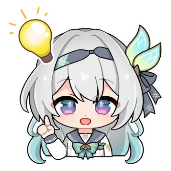1girl firefly_(honkai:_star_rail) firefly_(spring_missive)_(honkai:_star_rail) gradient_eyes gradient_hair green_pupils grey_hair grey_hairband grey_ribbon hair_between_eyes hair_intakes hair_ornament hair_ribbon hairband hashtag-only_commentary highres honkai:_star_rail honkai_(series) index_finger_raised light_bulb long_hair makinomaki108 multicolored_eyes multicolored_hair open_mouth pointing pointing_up ribbon simple_background smile solo white_background