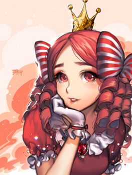 1girl commentary cookie_run crown dress english_commentary gloves humanization jewelry kawacy long_hair open_mouth pink_dress pink_eyes pink_hair princess princess_cookie short_hair simple_background smile