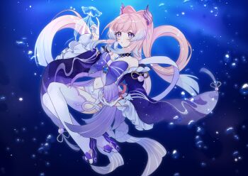 1girl :o animal back_bow black_choker blunt_bangs blush bow bowtie bubble choker clothing_cutout commentary coral dot_nose fish flip-flops gem genshin_impact gloves hair_between_eyes hair_ornament half_gloves highres hip_vent index_finger_raised japanese_clothes long_hair long_sleeves looking_to_the_side navel navel_cutout open_mouth parted_lips pink_hair purple_eyes sandals sangonomiya_kokomi solo sushi_171 tabi thick_eyebrows thighhighs thighs twintails underwater very_long_hair vision_(genshin_impact) white_gloves wide_sleeves zouri