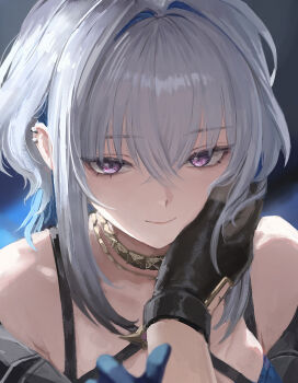 1boy 1girl bare_shoulders black_gloves chain closed_mouth commentary ddcc0123 galbrena_(wuthering_waves) gloves gold_chain grey_hair hair_between_eyes highres looking_at_viewer male_rover_(wuthering_waves) medium_hair portrait pov pov_hands purple_eyes rover_(wuthering_waves) sidelocks smile wuthering_waves