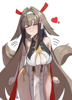 1girl absurdres afterimage armlet bare_shoulders blush breasts brown_hair brown_tail china_dress chinese_clothes clenched_hands closed_eyes closed_mouth clover clover_hair_ornament collarbone commentary_request cowboy_shot dress droopy_ears hair_intakes hair_ornament hairband heart highres jewelry kaba_(hama) large_breasts long_hair motion_lines navel pelvic_curtain see-through_clothes silver_armlet simple_background solo tail very_long_hair white_background white_hairband ye_shunguang zenless_zone_zero