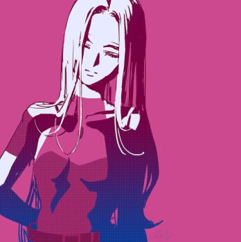 Rule 34 | 1girl, alien stage, arm behind back, bilingual commentary, closed eyes, commentary, dress, english commentary, korean commentary, limited palette, long hair, mixed-language commentary, mizi (alien stage), official art, pink background, pink theme, second-party source, solo