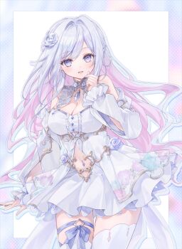 Rule 34 | 1girl, absurdres, aoi sui, arm cutout, blue gem, blue shrug, blush, body jewelry, breasts, center frills, cleavage, clothing cutout, commentary request, double finger heart, dress, finger heart, floral print, floral print dress, flower, frilled cuffs, frilled dress, frills, gem, hair flower, hair ornament, hand up, highres, indie virtual youtuber, large breasts, layered skirt, leg ribbon, long hair, multicolored hair, open mouth, pink hair, print dress, purple eyes, ribbon, second-party source, short dress, shrug (clothing), simple background, skirt, sleeveless shrug, smile, solo, stomach cutout, streaked hair, thigh ribbon, thighhighs, thighs, two-tone hair, virtual youtuber, white background, white dress, white flower, white hair, white thighhighs