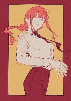 1girl black_necktie braid chainsaw_man closed_mouth commentary_request dress_shirt highres long_hair makima_(chainsaw_man) mim_(mimya0600) necktie orange_eyes orange_theme pale_skin red_hair shirt sidelocks solo