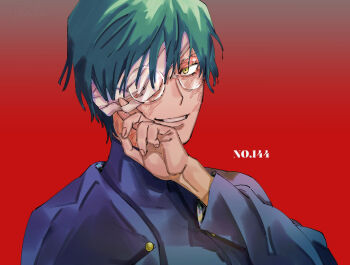Rule 34 | 1girl, commentary request, glasses, green hair, jujutsu kaisen, jujutsu tech uniform, red background, scar, scar on face, shiraumi8351, short hair, smile, solo, yellow eyes, zen'in maki