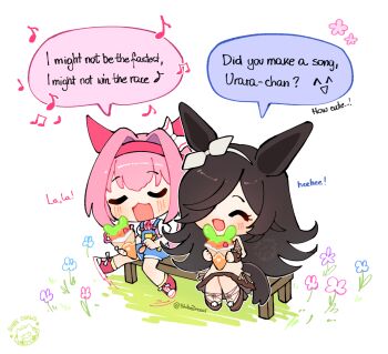 2girls ^_^ animal_ears bare_legs blue_overalls bow brown_dress brown_hair brown_shoes closed_eyes commentary_request crepe dress ear_bow english_text flipped_hair flower food grass hair_intakes hair_over_one_eye hairband happy haru_urara_(umamusume) highres holding holding_crepe holding_food horse_ears horse_girl horse_tail long_hair meni_shuki_rush-sshu! motion_lines multiple_girls music musical_note official_alternate_costume on_bench open_mouth overalls parted_bangs pink_hair ponytail red_hairband red_shoes rice_shower_(casual)_(umamusume) rice_shower_(umamusume) shibedraws shoes sidelocks singing sitting speech_bubble swinging_legs tail twitter_username umamusume very_long_hair watermark