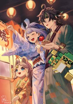 Rule 34 | 1boy, 2girls, absurdres, ajaw (genshin impact), animal ears, black hair, blonde hair, blue eyes, blue hair, blue kimono, braid, candy apple, food, genshin impact, green eyes, green hair, green headband, green kimono, grey hair, hair between eyes, hairband, haya pik, headband, highres, holding, holding candy apple, holding food, japanese clothes, kachina (genshin impact), kimono, kinich (genshin impact), long hair, long sleeves, mualani (genshin impact), multicolored hair, multiple girls, one eye closed, open mouth, red eyes, short hair, smile, takoyaki, white hair, yellow kimono