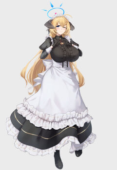 Rule 34 | 1girl, absurdres, ahoge, akari (blue archive), alternate costume, apron, black dress, black horns, blonde hair, blue archive, blue eyes, blue halo, breasts, demon horns, dress, enmaided, forward-facing horns, halo, heart, heart hands, highres, horns, huge breasts, juliet sleeves, long hair, long sleeves, looking at viewer, maid, maid headdress, mori yashiro (konkon oyashiro), one eye closed, pink pupils, puffy sleeves, smile, solo, symbol-shaped pupils, very long hair, waist apron, white apron, x-shaped pupils