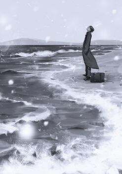 1boy absurdres briefcase closed_eyes coat commentary_request doloyume full_body greyscale hands_in_pockets highres male_focus monochrome ocean original painterly pants profile shoes short_hair snow solo u_u