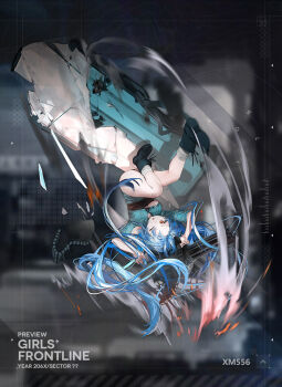 1girl ammunition_belt backpack bag ballistic_shield blue_hair blue_shirt english_text gatling_gun girls&#039;_frontline gun holding holding_gun holding_weapon light_machine_gun long_hair machine_gun minigun multicolored_hair multiple-barrel_gun official_art one_eye_closed open_clothes orange_hair rotary_machine_gun shield shirt solo torn_clothes upside-down weapon xm556_(girls&#039;_frontline) xm556_microgun