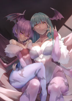 2girls animal_print bat_print black_leotard breasts bridal_gauntlets darkstalkers demon_girl demon_wings green_hair highres leotard lilith_(darkstalkers) looking_at_viewer morrigan_aensland multiple_girls purple_hair red_leotard sitting slit_pupils smile strail_cycleman strapless strapless_leotard wings yellow_eyes