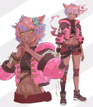 Rule 34 | 1girl, alt text, animal ears, belt, blue hair, brown shoes, cat ears, commentary, cropped jacket, dark-skinned female, dark skin, english commentary, final fantasy, final fantasy xiv, fingernails, green eyes, grin, hair ornament, highres, hood, hood down, hooded jacket, jacket, knee guards, looking at viewer, midriff, miqo'te, mugi kosuta, multicolored eyes, multicolored hair, multiple views, navel, open clothes, open jacket, own hands together, pink hair, pink nails, red shorts, sharp fingernails, shoes, short hair, shorts, signature, simple background, slit pupils, smile, twitter username, two-tone eyes, two-tone hair, yaana (ff14), yellow eyes