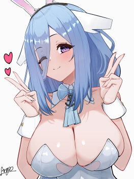 1girl absurdres animal_ears argar_demo azur_lane blue_bow blue_hair bow breasts cleavage commentary_request constellation_(azur_lane) constellation_(galaxy&#039;s_finest)_(azur_lane) double_v fake_animal_ears heart highres large_breasts leotard one_eye_closed playboy_bunny purple_eyes rabbit_ears signature simple_background solo upper_body v white_background white_leotard