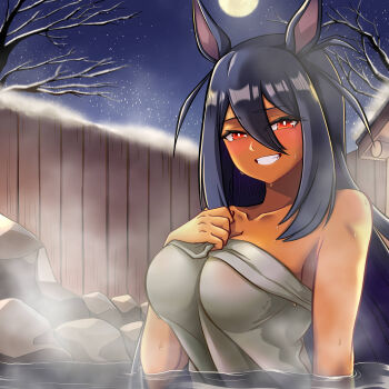 1girl absurdres alternate_costume animal_ears bare_shoulders bathing black_hair blush breasts collarbone commentary_request dark-skinned_female dark_skin full_moon grin hair_between_eyes highres hishi_amazon_(umamusume) horse_ears horse_girl long_hair looking_at_viewer medium_breasts moon naked_towel onsen outdoors red_eyes rock rottenorang sidelocks smile snow solo towel tree umamusume upper_body water winter