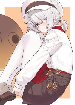 Rule 34 | 1girl, bebetang, black survival, blue eyes, blush, border, brown shoes, brown skirt, closed mouth, eternal return: black survival, eyepatch, fetal position, from side, hair over one eye, hat, highres, long sleeves, looking at viewer, looking to the side, newsboy cap, one eye covered, orange background, outside border, pantyhose, ponytail, shirt, shoes, short hair, short ponytail, simple background, sissela kyle, skirt, solo, white border, white hat, white pantyhose, white shirt