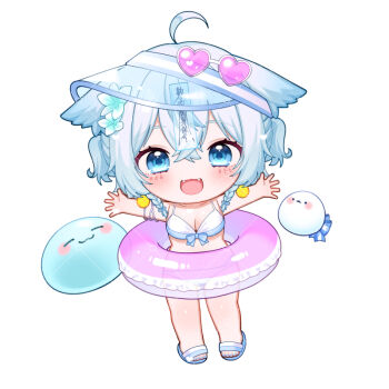 1girl :d ahoge animal_ears bikini blue_eyes blue_nails blue_sandals blush breasts chibi chitetan cleavage commentary_request copyright_request eyewear_on_head fangs full_body grey_hair heart heart-shaped_eyewear innertube looking_at_viewer medium_breasts nail_polish open_mouth outstretched_arms pink-tinted_eyewear sandals sideways_hat simple_background smile solo spread_arms standing sunglasses swim_ring swimsuit tinted_eyewear toenail_polish toenails transparent two_side_up virtual_youtuber visor_cap watermark white-framed_eyewear white_background white_bikini