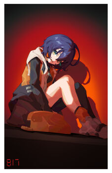 1girl ahoge belle_(zenless_zone_zero) black_shirt black_thighhighs blue_hair commentary_request corded_phone earrings full_body green_eyes hair_between_eyes hands_under_legs head_tilt highres hood hy_jinx jacket jewelry looking_at_viewer multicolored_jacket no_hair_ornament open_mouth orange_jacket orange_socks phone red_background shadow shirt shoes short_hair single_thighhigh sitting sitting_on_table sleeveless sleeveless_jacket socks solo thighhighs white_hood white_shoes zenless_zone_zero