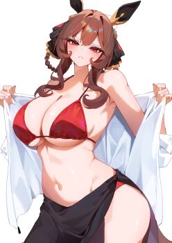 1girl absurdres animal_ears bikini blush breasts brown_hair cleavage closed_mouth gentildonna_(umamusume) highres horse_ears horse_girl horse_tail large_breasts looking_at_viewer medium_hair navel open_clothes open_shirt red_bikini sidelocks simple_background solo swimsuit tail thighs umamusume underboob weiic white_background