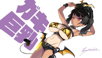 1girl adjusting_clothes adjusting_headwear armpits belt_bra bikini black_collar black_hair black_hat breasts closed_mouth collar commentary_request copyright_name cowboy_shot demon_tail dutch_angle gaki_kyonyuu halloween hat kaedeko_(kaedelic) large_breasts navel one-piece_tan one_eye_closed oppai_loli original sasaki_kanna short_hair signature simple_background smile solo stomach swimsuit tail tan tanline text_background thighs twintails underboob white_background yellow_bikini