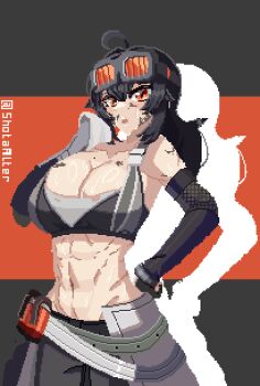 1girl abs ahoge artist_name bare_shoulders black_gloves black_hair breasts cleavage commentary crop_top dirty dirty_face english_commentary eyewear_on_head fishnet_gloves fishnets gloves goggles goggles_on_head grace_howard grease_(mechanical) hair_between_eyes hand_on_own_hip large_breasts long_hair looking_at_viewer navel open_mouth orange_eyes pixel_art shotaalter sidelocks simple_background solo sports_bra stomach sweat toned toned_female wiping_face zenless_zone_zero