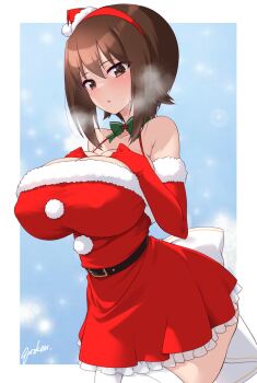 Rule 34 | 1girl, :o, alternate breast size (larger), alternate costume, belt, black belt, black bow, blue background, bow, breasts, brown eyes, brown hair, commentary request, feet out of frame, girls und panzer, highres, huge breasts, kuzuryuu kennosuke, looking at viewer, nishizumi maho, sack, santa costume, short hair, solo, standing