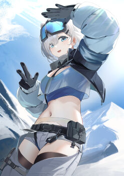 1girl :d absurdres animal_ears arknights arknights:_endfield arms_up aurora_(arknights) bear_ears belt belt_pouch black_gloves black_jacket black_thighhighs blue_eyes blue_sky blush breasts commentary cowboy_shot crop_top day edible_sus extra_ears gloves goggles highres jacket long_sleeves looking_at_viewer medium_breasts midriff mountain navel open_clothes open_jacket open_mouth outdoors pants pouch puffy_long_sleeves puffy_sleeves see-through_clothes short_hair ski_goggles sky smile snowshine_(arknights) solo sunlight thigh_strap thighhighs white_hair white_pants