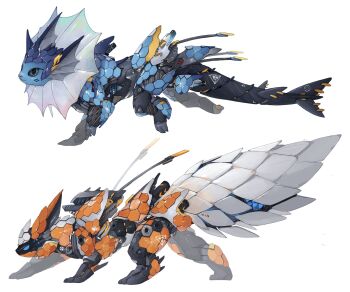 animal_focus black_sclera blue_eyes claws closed_mouth colored_sclera commentary english_commentary english_text fins flareon from_side frown full_body gen_1_pokemon highres jpeg_artifacts mecha mechanization nintendo no_humans non-humanoid_robot pokemon pokemon_(creature) robot robot_animal running science_fiction simple_background squinting standing transparent vaporeon white_background xezeno