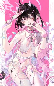 1boy absurdres aegyo_sal antenna_hair asymmetrical_legwear bandaged_arm bandages bandaid barbell_piercing bare_shoulders black_hair blood blurry bow broken_horn cat collar collared_shirt commentary crop_top cross crossdressing crossdressing_(mtf) cuffs demon_boy demon_horns depth_of_field eita_789 english_text frills fuzzy_handcuffs garter_belt gradient_eyes grey_eyes grin hair_ornament hairclip halo hands_up head_tilt heart highres holding holding_knife horns knife latin_cross leg_tattoo looking_at_viewer low_wings makeup male_focus mismatched_legwear multicolored_eyes multicolored_hair nail_art nail_polish navel neck_ribbon o-ring original panties piercing pill pink_background pink_bow pink_collar pink_hair pink_nails pink_ribbon pink_thighhighs pinky_out pointy_ears ribbon shirt side-tie_panties signature sitting sleeveless sleeveless_shirt slit_pupils smile solo spiked_collar spikes striped_clothes striped_thighhighs symbol-only_commentary tattoo thighhighs trap two-tone_hair underwear white_panties white_shirt white_thighhighs wings yami_kawaii yellow_eyes