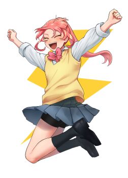 1girl arms_up bike_shorts bike_shorts_under_skirt black_shoes black_shorts black_socks blush bow bowtie clenched_hands closed_eyes collared_shirt grey_skirt inazuma_eleven_(series) inazuma_eleven_victory_road kokuro_(kosyari) long_hair open_mouth pink_bow pink_bowtie pleated_skirt ponytail shinohara_raika shirt shoes shorts skirt socks solo sweater_vest teeth upper_teeth_only white_shirt yellow_sweater_vest
