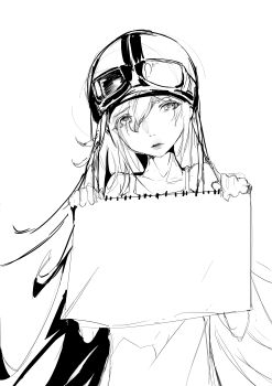 1girl absurdres aviator_cap blonde_hair camisole collarbone commentary_request expressionless goggles goggles_on_headwear half-closed_eyes hands_up head_tilt highres holding holding_sketchbook lips long_hair monogatari_(series) oshino_shinobu shishirui_san simple_background sketchbook solo tareme two-handed upper_body very_long_hair white_background