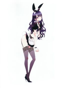 1girl animal_ears black_ribbon black_shoes black_skirt blue_eyes blush breasts cosplay fake_animal_ears fukuda_shinichi full_body garter_straps hair_ornament hair_ribbon hand_on_own_arm high_heels highres izayoi_arisa izayoi_arisa_(cosplay) kitagawa_marin lingerie long_hair looking_at_viewer maid medium_breasts neck_ribbon official_art playboy_bunny puffy_short_sleeves puffy_sleeves purple_hair rabbit_ears red_ribbon ribbon shoes short_sleeves simple_background skirt sono_bisque_doll_wa_koi_wo_suru standing thighhighs third-party_source unconventional_maid underwear white_background wrist_cuffs wrist_ribbon