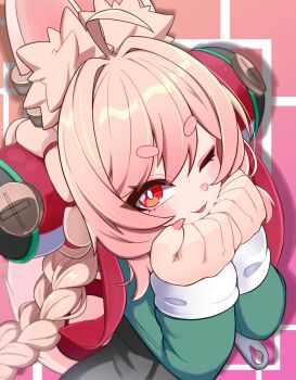 1girl :3 animal_ear_fluff animal_ears blonde_hair blush braid fingernails from_side furry furry_female gradient_background green_shirt hair_ornament hands_up highres hikimayu long_hair long_sleeves looking_at_viewer looking_to_the_side maaji_(peinsaikouda) one_eye_closed open_mouth pink_background rabbit_ears red_eyes shadow sharp_fingernails shirt smile solo twin_braids upper_body zenless_zone_zero zhao_(zenless_zone_zero)
