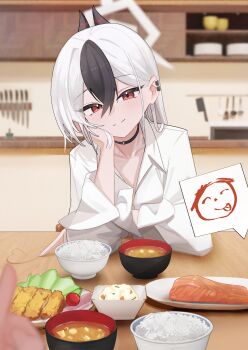 1boy 1girl absurdres black_choker black_hair black_horns blue_archive blurry bowl cheek_rest choker closed_mouth collarbone collared_shirt commentary cupboard demon_horns depth_of_field doodle_sensei_(blue_archive) earclip elbows_on_table finger_drag fish_(food) food food_request grey_halo grilled_fish hair_between_eyes halo highres horns image_in_speech_bubble indoors kayoko_(blue_archive) kitchen light_blush long_hair looking_at_viewer miso_soup mole mole_on_collarbone multicolored_hair oversized_clothes oversized_shirt partially_open_shirt plate pov red_eyes rice_bowl ryoya sensei_(blue_archive) shirt sleeves_rolled_up smile table thumbs_up two-tone_hair white_hair white_shirt