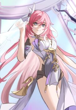 1girl bare_shoulders black_shorts blue_(bluespring1513) blue_eyes breasts bridal_veil commentary corset diamond-shaped_pupils diamond_(shape) elf elysia_(herrscher_of_human:_ego)_(honkai_impact) elysia_(honkai_impact) english_commentary highres honkai_(series) honkai_impact_3rd large_breasts long_hair looking_at_viewer multicolored_hair pink_hair pointy_ears short_shorts shorts smile solo symbol-shaped_pupils thighs triquetra two-tone_hair veil very_long_hair white_corset white_hair white_veil