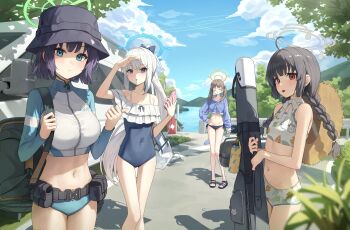 4girls bare_shoulders black_hair blue_archive breasts brown_hair covered_navel green_eyes highres large_breasts looking_at_viewer medium_hair miyako_(blue_archive) miyako_(swimsuit)_(blue_archive) miyu_(blue_archive) miyu_(swimsuit)_(blue_archive) moe_(blue_archive) moe_(swimsuit)_(blue_archive) multiple_girls navel official_alternate_costume purple_eyes purple_hair rabbit_platoon_(blue_archive) rash_guard red_eyes saki_(blue_archive) saki_(swimsuit)_(blue_archive) suumon thighs white_hair