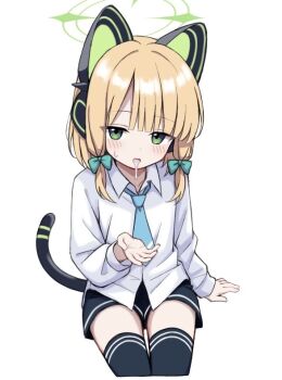 1girl animal_ear_headphones animal_ears black_shorts black_tail black_thighhighs blonde_hair blue_archive blue_necktie blush bow cat_ear_headphones cat_ears cat_tail collared_shirt cowboy_shot cropped_legs fake_animal_ears fake_tail green_bow green_eyes green_halo hair_bow halo hand_up headphones long_sleeves looking_at_viewer low-tied_sidelocks medium_hair midori_(blue_archive) necktie no_jacket open_mouth parted_bangs shirt shorts sidelocks simple_background sitting solo suiran_(suiran0111) sweatdrop tail tail_raised thighhighs white_background white_shirt